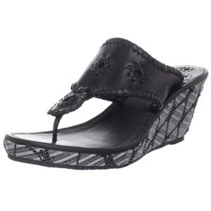 Jack Brown Straw Mid Black White Leather Wedge Thong Sandals